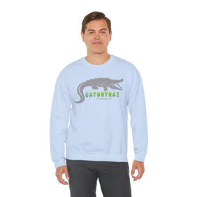 Grey Alligator Alcatraz gator crewneck sweatshirt front view - cozy graphic pullover