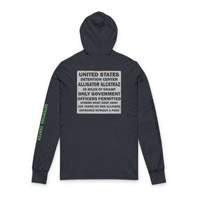 Alligator Alcatraz Sign, Unisex Grey Hooded, Unique Vegan Gator Casual Everyday Wear, Law Abiding Gifts, Cool Weather Apparel, Trendy Deportation Statement Piece