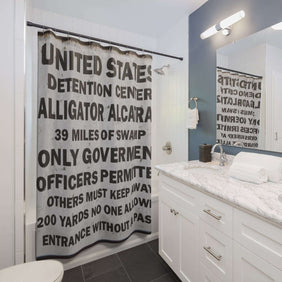 Alligator Alcatraz Sign, X/S, Shower Curtain - Distinctive Bathroom Decor, Vintage Style, Home Improvement, Perfect for Law Abiding Homeowners, Gatortraz.net Design