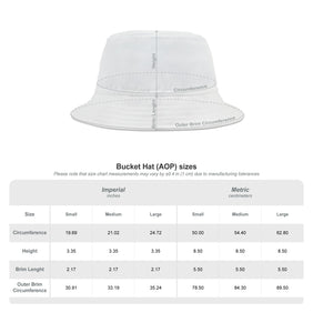 White bucket hat with measurement chart on a white background