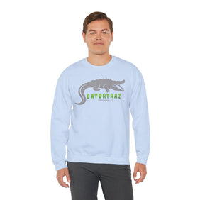 Grey Alligator Alcatraz gator crewneck sweatshirt front view - cozy graphic pullover