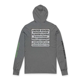 Alligator Alcatraz Sign, Unisex Grey Hooded, Unique Vegan Gator Casual Everyday Wear, Law Abiding Gifts, Cool Weather Apparel, Trendy Deportation Statement Piece