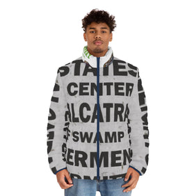 Alligator Alcatraz Sign, X/S, Men's Puffer Jacket - Unique Vegan Law Abiding Statement for Chill Days, Trendy Outerwear, Streetwear Style, Perfect Gift for Self Deportations - Gatortraz