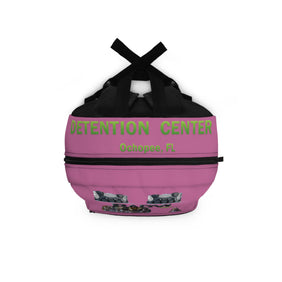 Pink and black bag with text on a white background